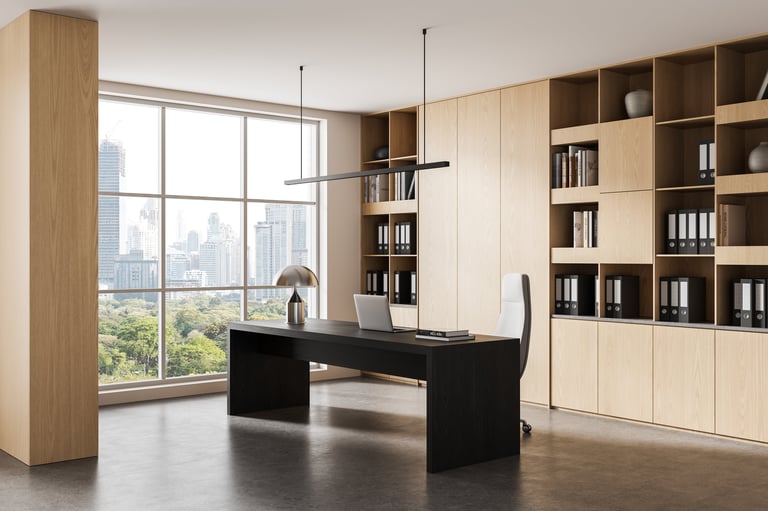 Contemporary executive office interior with city view