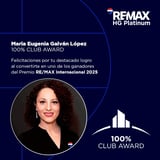 RE/MAX HG Platinum award certificate for Maria Eugenia Galván López, 100% Club Award winner 2025